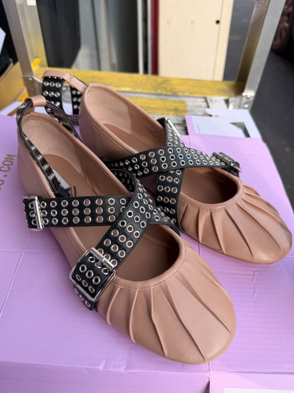 Steve Madden Blush Pink Flats with Black Studded Straps - Picture 2 of 3
